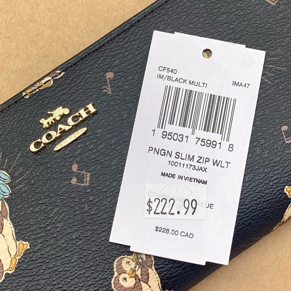 Coach Slim Zip Wallet With Penguin Print Gold/Black Multi